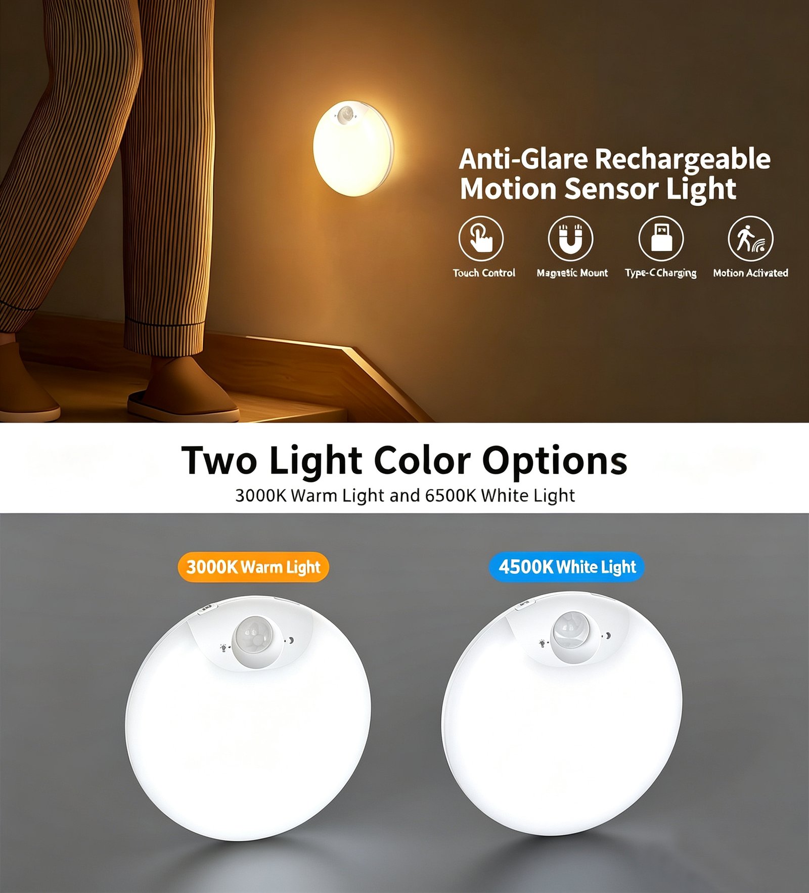 S055-Smooth Round LED Motion Sensor Night Light | Wireless Magnetic Rechargeable Cabinet Lamp - Image 2