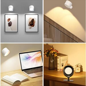 S057-Magnetic Rechargeable Dual Side Wall Light, 360° Rotatable Cat Eye Hill Spotlight, CCT WW/NW/CW White + 12 Colors RGB Ambient Lamp, Remote Control Cordless Night Light