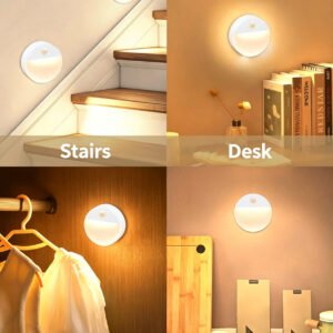 S031-Round Single Color LED Motion Sensor Night Light, AA Battery Powered Wireless Sensor Lamp for Bedroom, Toilet, Closet & Hallway