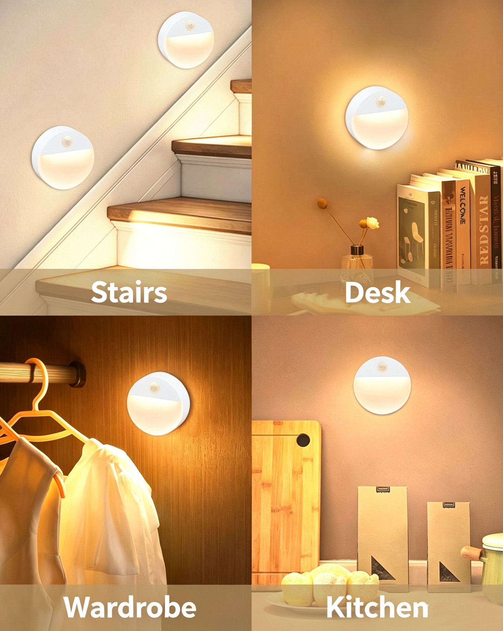 S031-Round Single Color LED Motion Sensor Night Light, AA Battery Powered Wireless Sensor Lamp for Bedroom, Toilet, Closet & Hallway