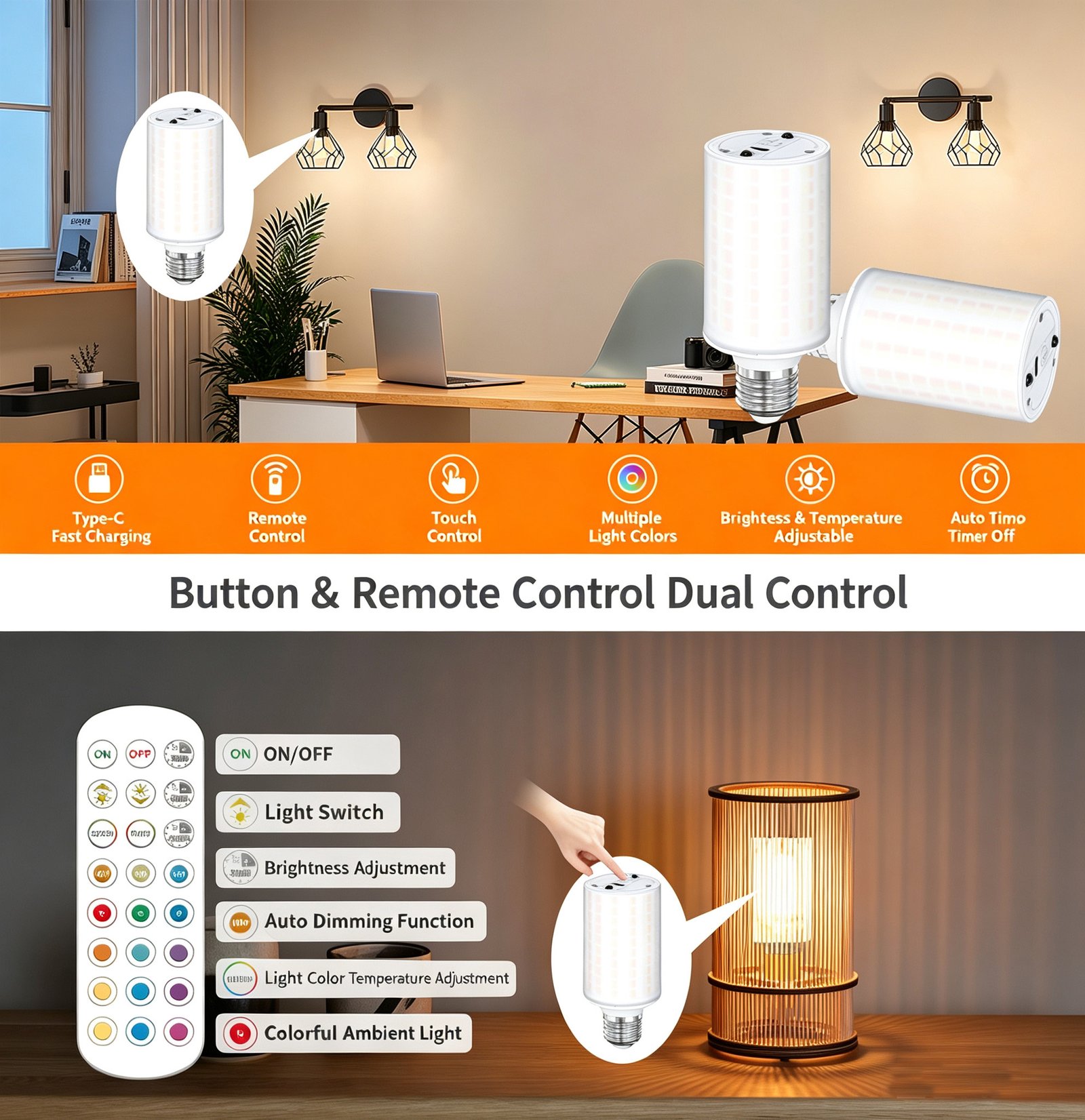S110-Magnetic USB-C Rechargeable CW/RGBCW Corn Light, 360° All-Surface Ambient Lighting, Suitable for Wall Lamps and Table Lamps - Image 2