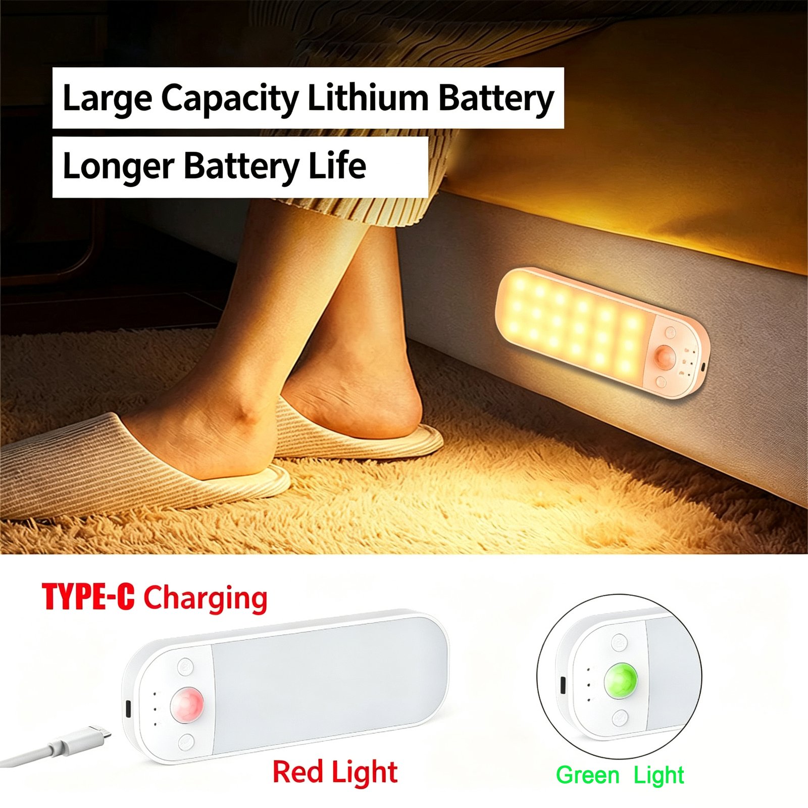 S014-Ultra-thin, Rounded-Corner, Rectangular Magnetic Motion Sensor Light | Three-Color Tape-C Rechargeable LED Cabinet Night Light - Image 6