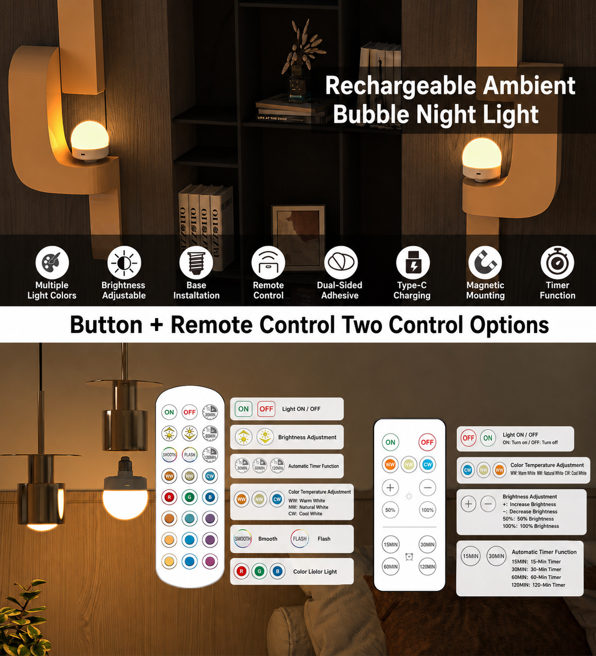 S073-Wireless Magnetic Rechargeable RGB LED Bulb | Remote Timer Dimmable Ambient Light, E26/E14 Base for Bedroom Wall Lamp - Image 2