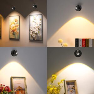 S005-Rechargeable Wireless Picture Light, Remote Control LED Wall Spotlight, RGBCW Tunable White & RGB Color, 360° Rotatable Cat Eye Hill Beam, No Drill No Wiring Accent Lamp