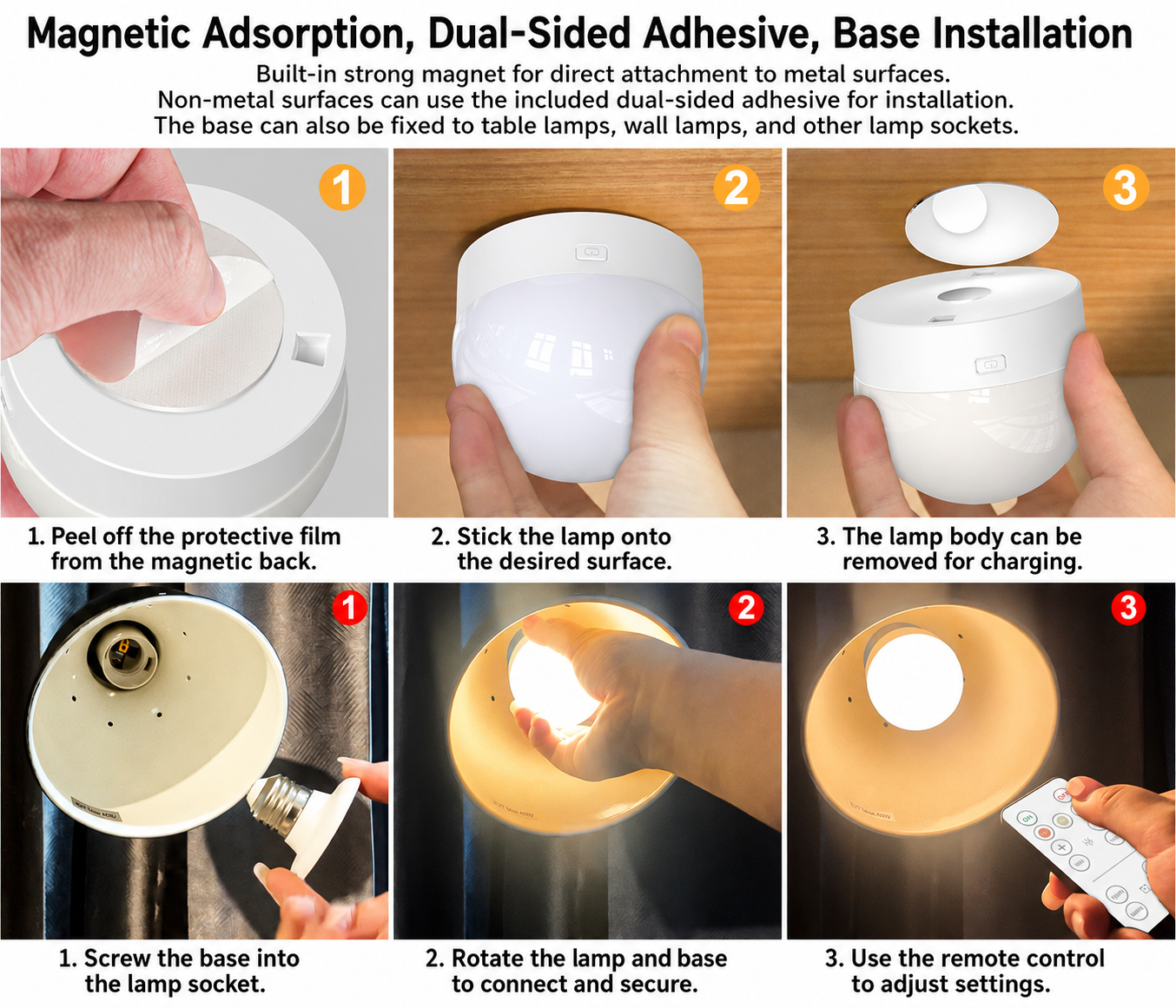S073-Wireless Magnetic Rechargeable RGB LED Bulb | Remote Timer Dimmable Ambient Light, E26/E14 Base for Bedroom Wall Lamp - Image 4