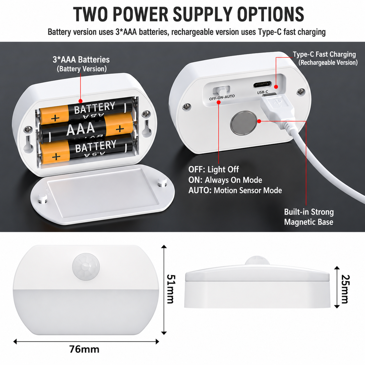 S046-Wireless Motion Sensor Night Light | USB Rechargeable / AA Battery Powered LED Cabinet Lamp - Image 14